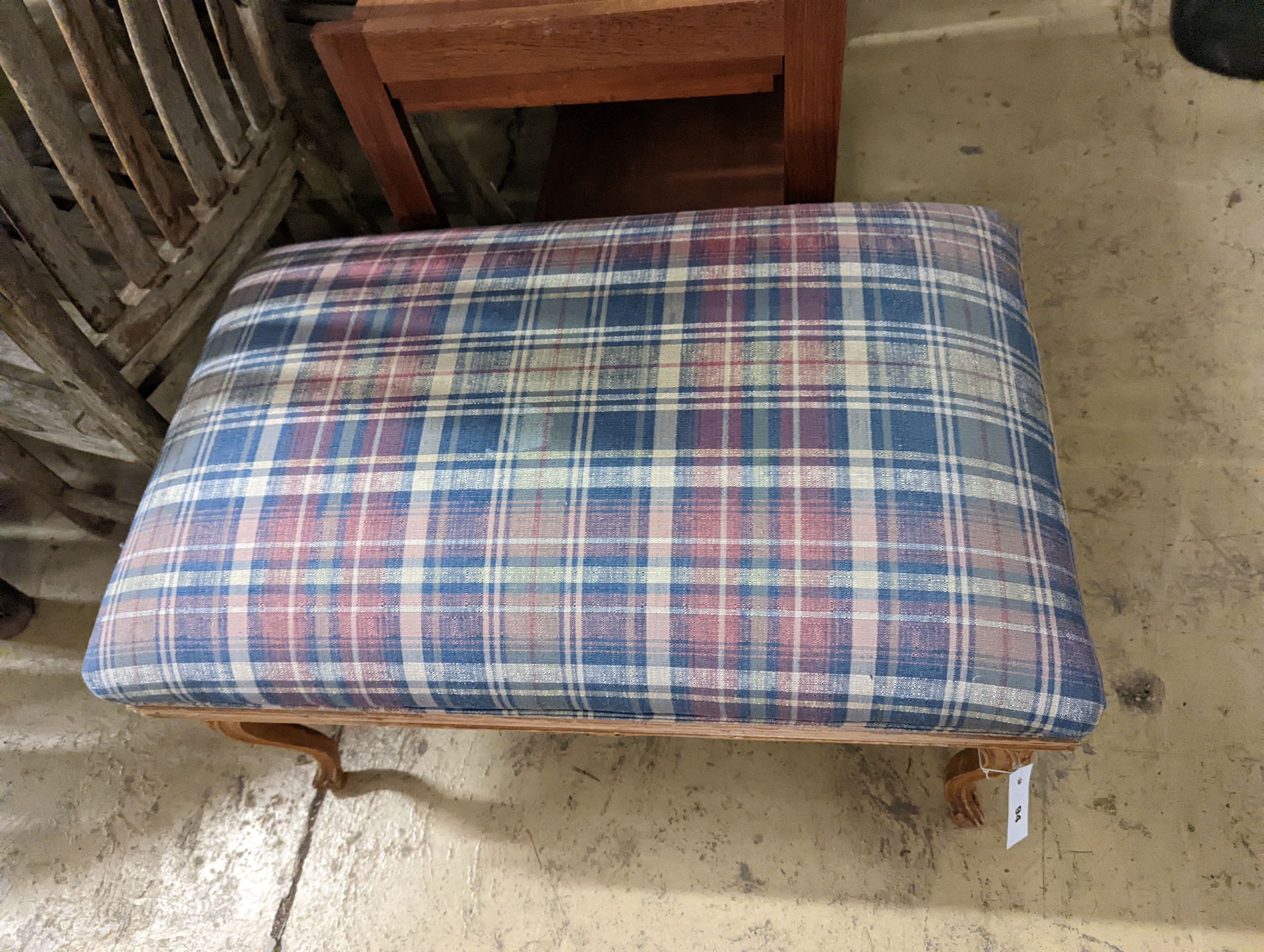 A pair of French carved beech upholstered stools combined luggage racks, width 80cm, depth 50cm, height 46cm